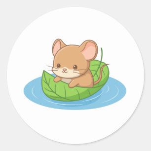 Sticker Rond Souris mignonne dans un bateau en feuille