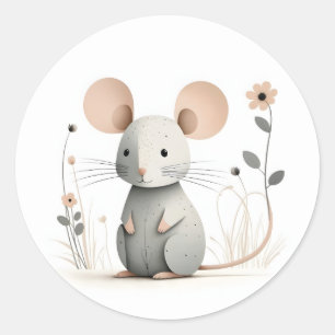 Sticker Rond Souris minimaliste Boho adorable avec fleurs