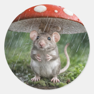 Sticker Rond Souris sous un champignon
