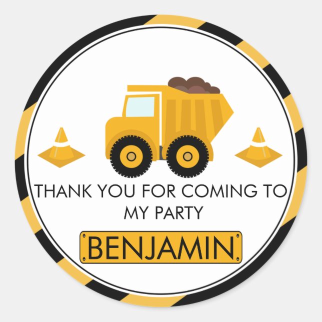 Sticker Rond Sous Construction Camion Anniversaire Favoriser St (Devant)