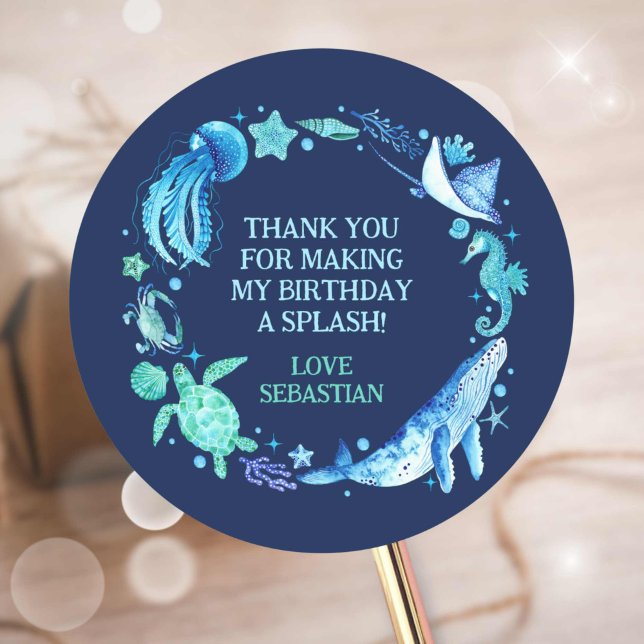 Sticker Rond Sous la mer Aquarelle Merci Animaux marins (Under the Sea Watercolor Thank You Ocean Animals Classic Round Sticker)