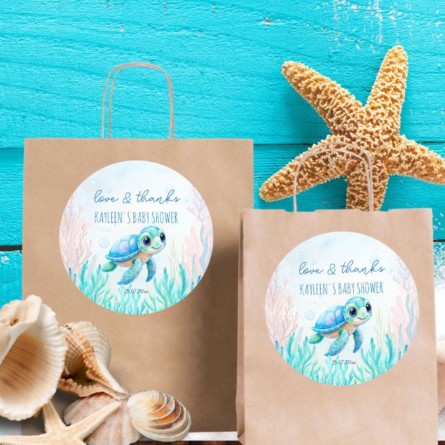 Sticker Rond Sous la mer jolie tortue aqua bleu faveur (Under the sea cute sea turtle aqua blue baby shower thank you favor sticker template)