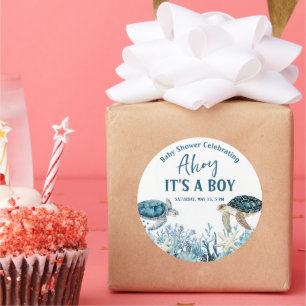 Sticker Rond Sous l'Ahoy bleu mer C'est un Baby shower garçon
