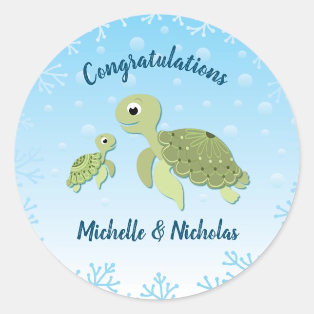 Sticker Rond Sous le Baby shower de la tortue de mer (Devant)