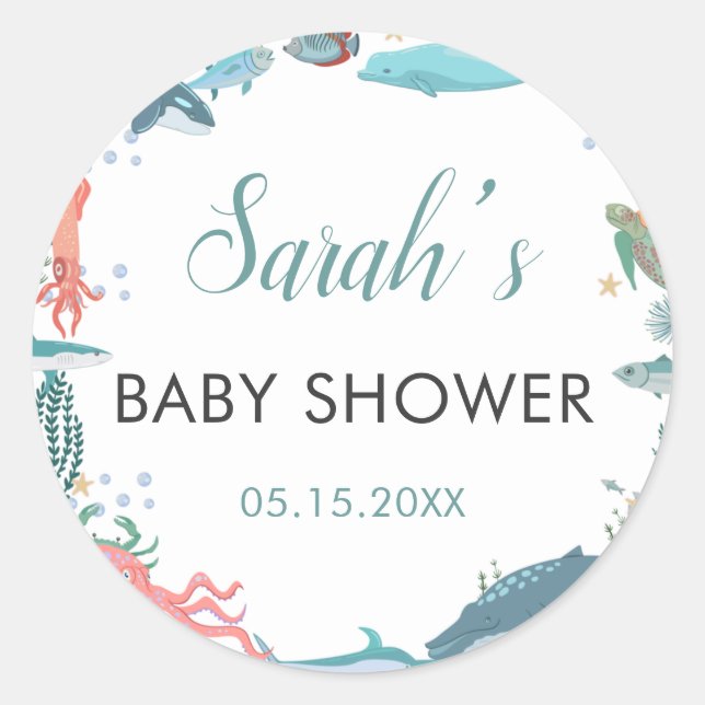 Sticker Rond Sous le Baby shower Sea Cute Ocean Animaux RSVP (Devant)