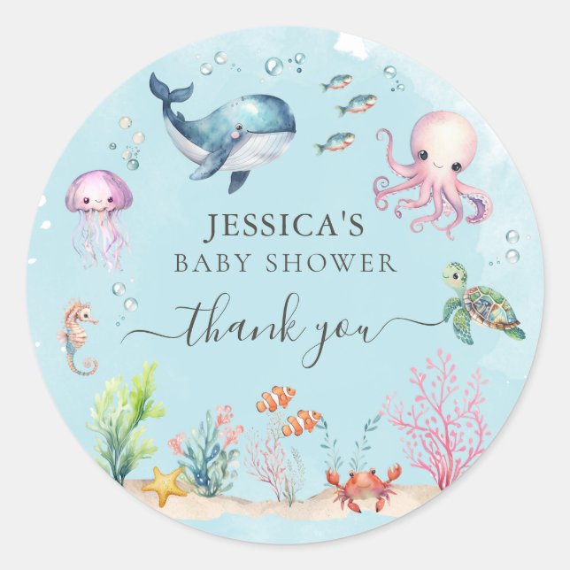 Sticker Rond Sous le Merci du Baby shower d'aquarelle de la mer (Devant)