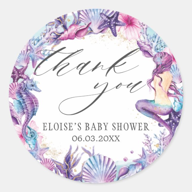Sticker Rond Sous l'océan Sirène Baby Shower Violet Turquoise (Devant)