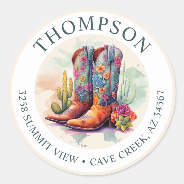 Sticker Rond Southwestern Cowgirl Boots Retourner l'adresse éti (Devant)