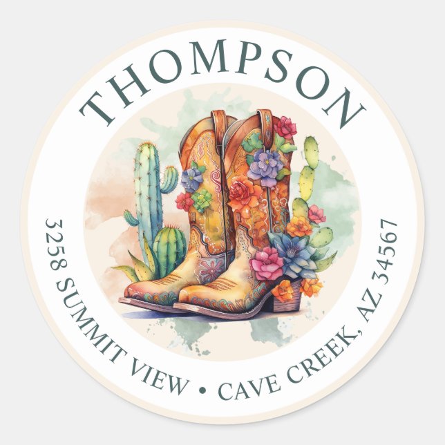 Sticker Rond Southwestern Cowgirl Boots Retourner l'adresse éti (Devant)