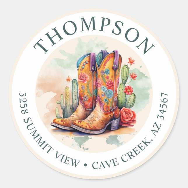 Sticker Rond Southwestern Cowgirl Boots Retourner l'adresse éti (Devant)