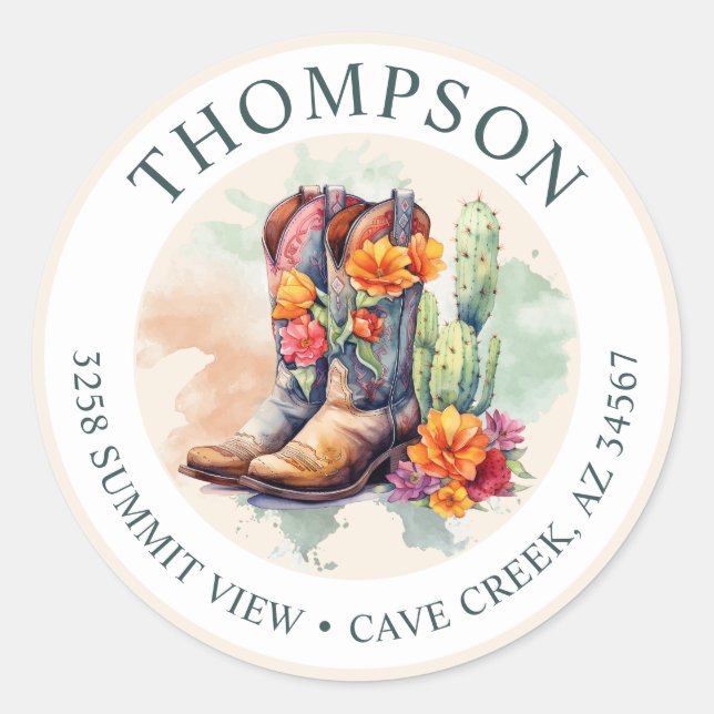Sticker Rond Southwestern Cowgirl Boots Retourner l'adresse éti (Devant)