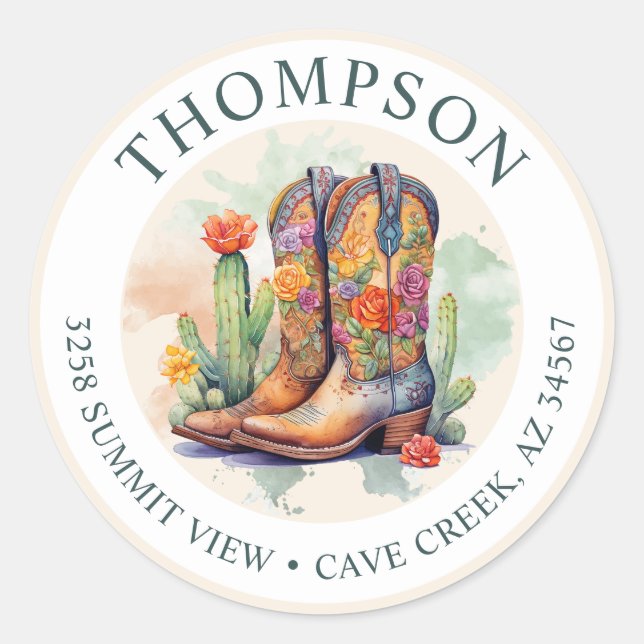 Sticker Rond Southwestern Cowgirl Boots Retourner l'adresse éti (Devant)