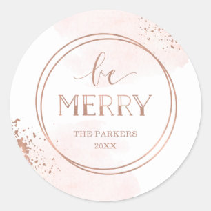 Sticker Rond Soyez Joyeux   Faux Rose Gold et Blush Christmas