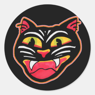 Sticker Rond Sp Vintage Chat Halloween Art Cartographie Amusant
