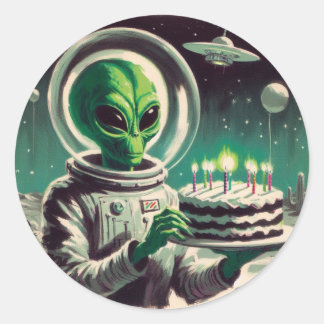 Sticker Rond Space Alien with Birthday Cake UFO Flying Saucer 