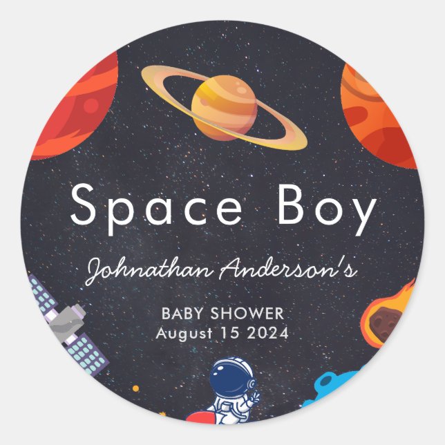 Sticker Rond Space Boy Planets mignon Baby shower astronaute (Devant)