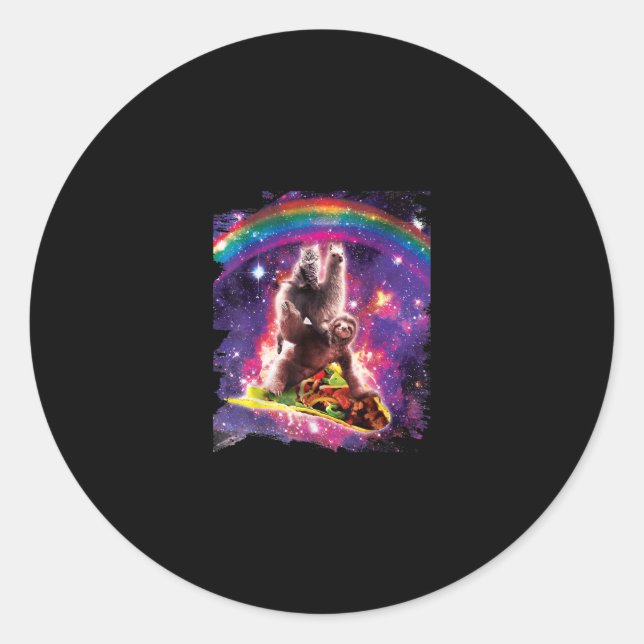 Sticker Rond Space Cat Llama Sloth Riding Taco (Devant)
