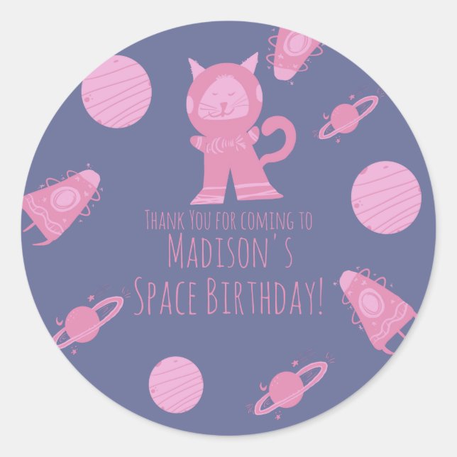 Sticker Rond Space Cat rose violet Galaxie Anniversaire (Devant)