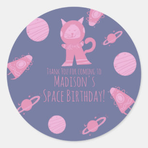Sticker Rond Space Cat rose violet Galaxie Anniversaire