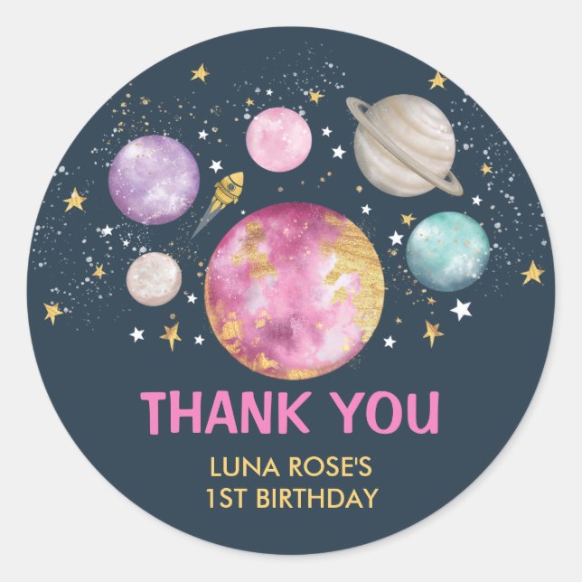 Sticker Rond Space Galaxy Planètes Lune Stars Marine Rose Gold (Devant)