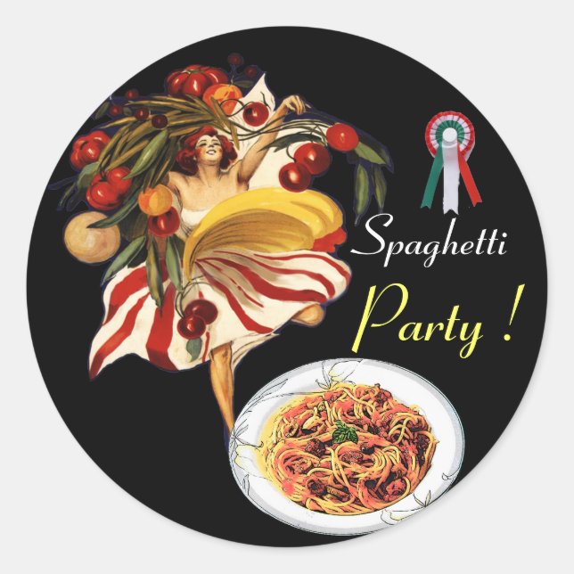 STICKER ROND SPAGHETTI PARTY DANCE, CUISINE ITALIENNE ET TOMATE (Devant)