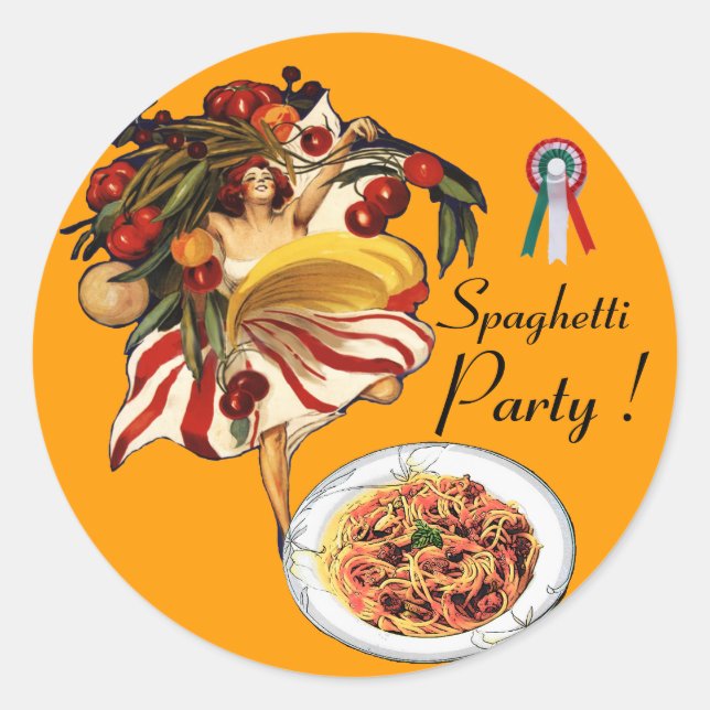 STICKER ROND SPAGHETTI PARTY DANCE, CUISINE ITALIENNE ET TOMATE (Devant)