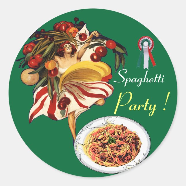 STICKER ROND SPAGHETTI PARTY DANCE, CUISINE ITALIENNE ET TOMATE (Devant)