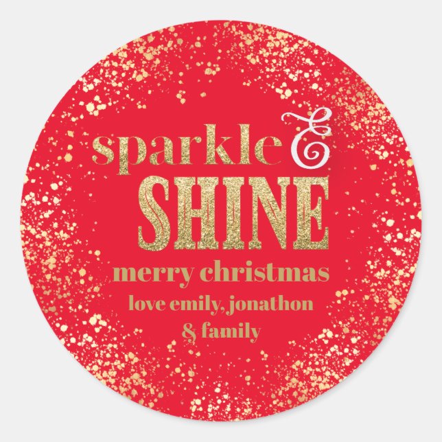 Sticker Rond Sparkine Shine Gold typographie Joyeux Noël Rouge (Devant)