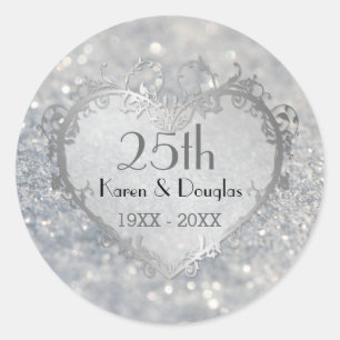 Sticker Rond Sparkle Coeur d'argent 25e anniversaire Mariage