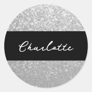 Sticker Rond Sparkle de luxe Silver Nom de la Parties scintilla