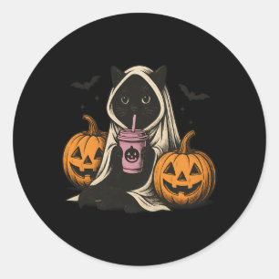 Sticker Rond Spectacle d'Halloween Fantôme de Chat Noir