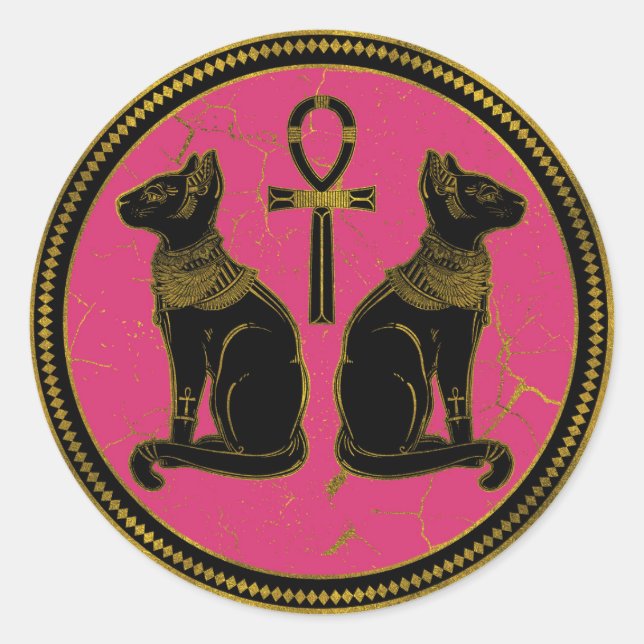 Sticker Rond Sphynx Black & Gold chat égyptien fuchsia (Devant)