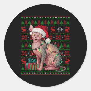 Sticker Rond Sphynx Chat Xmas Lights Vilant Santa Hat Sphynx Ch