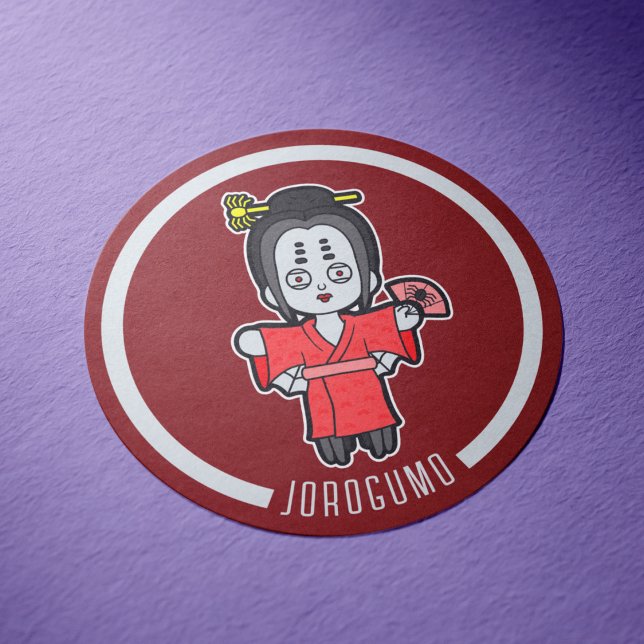 Sticker Rond Spider Lady Jorogumo | Yokai japonais (Jorogumo Yokai Sticker Sheet- Desk View)