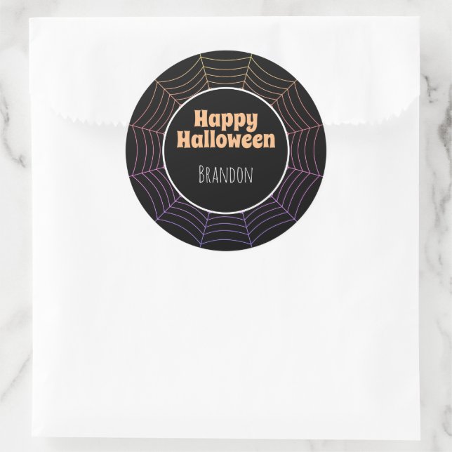 Sticker Rond Spider web noir violet orange motif Halloween (Sac)