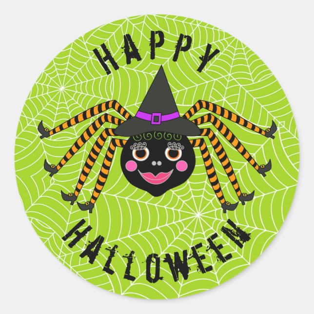 Sticker Rond Spider Witch Halloween heureux (Devant)