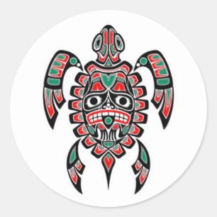 Sticker Rond Spirit Haida rouge et vert Tortue de mer