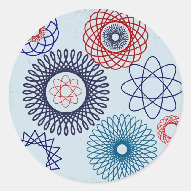 Sticker Rond Spirographe funky Motif géométrique bleu rouge (Devant)