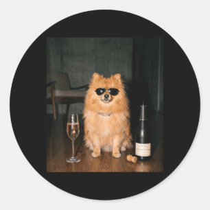 Sticker Rond Spitz Nain Buvant du Champagne Drôle Fête des Père