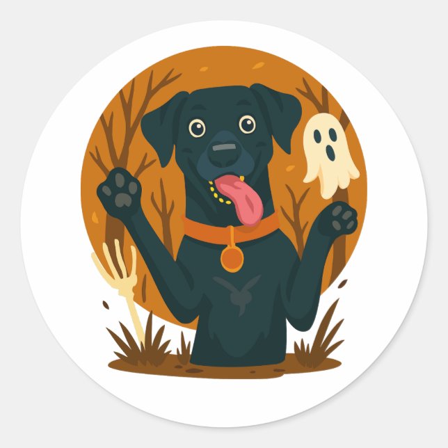 Sticker Rond Spooky Cute Black Dog with Ghost  (Devant)