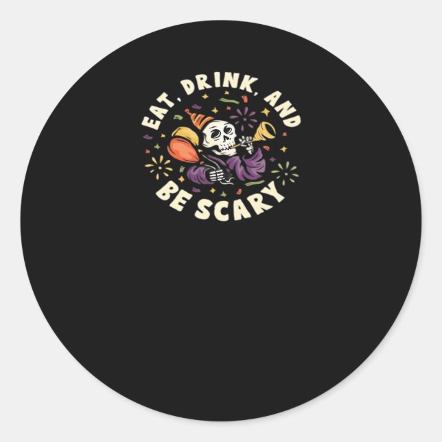 Sticker Rond Spooky Skeleton Celebrating Halloween Eat Drink (Devant)