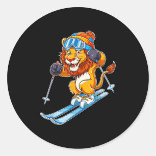 Sticker Rond Sports d'hiver adorables du lion de ski