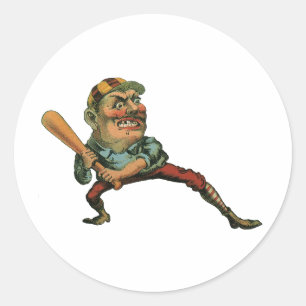 Sticker Rond Sports Vintage, joueur de baseball en colère batte