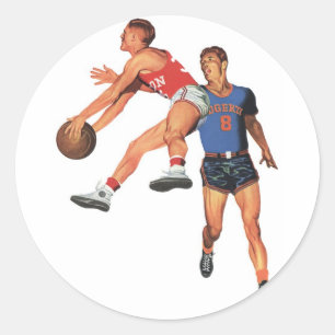 Sticker Rond Sports Vintage, Joueurs de Basket-ball dans un Mat