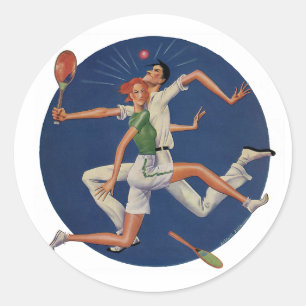 Sticker Rond Sports Vintage, Joueurs de Tennis s'écrasent avec 