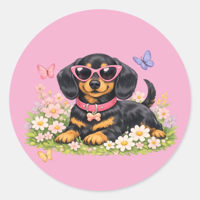 Sticker Rond Spring Cute Dachshund in Flower Fields (Devant)