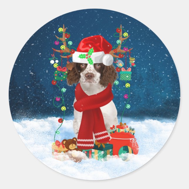 Sticker Rond Springer anglais Spaniel chien avec cadeaux de Noë (Devant)