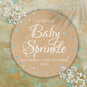Sticker Rond Sprinkle Fête de Naissance Cœurs Bleus Kraft Rusti