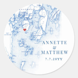 Sticker Rond Spruce Point Maine Carte Élégant Bleu Mariage Favo