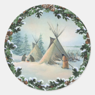 Sticker Rond SQUAW et BRANCHES de CAMP de TIPI par SHARON